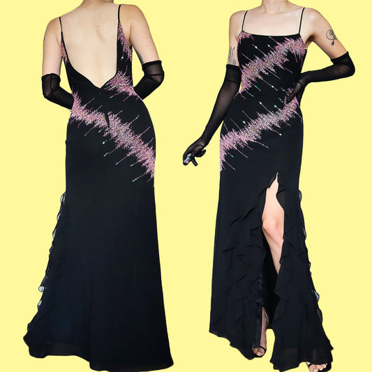 Black YVE London beaded evening dress with shawl UK 10-12