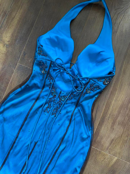 Niki Livas blue stretch halter-neck beaded dress uk 8