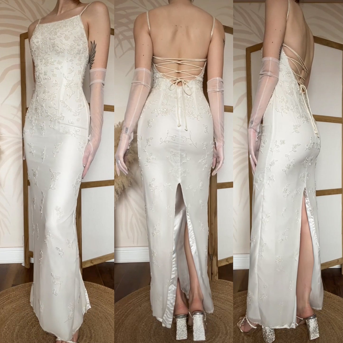 Ivory petite 100% silk beaded wedding dress uk 6