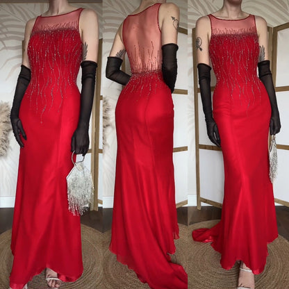 Red 100% silk red beaded evening dress uk 10