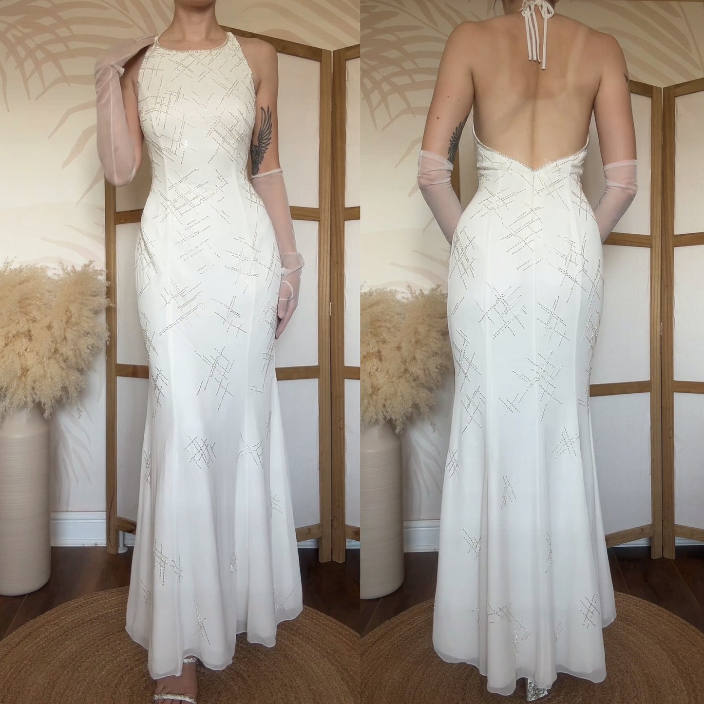 Ivory halter-neck beaded wedding dress uk 12