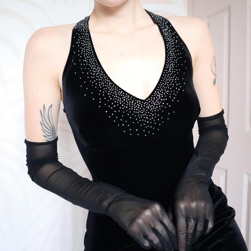 Black velvet 90s beaded evening gown UK 8