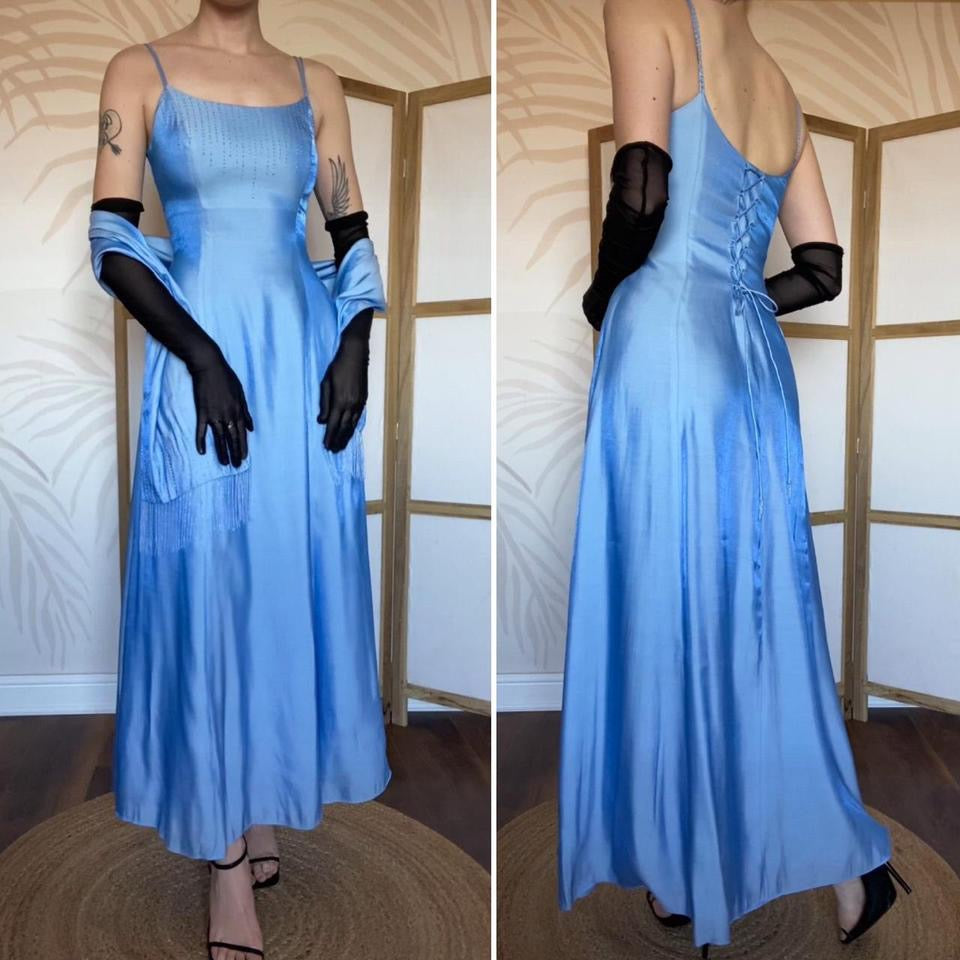 Debut ice blue a-line beaded dress & shawl UK 10