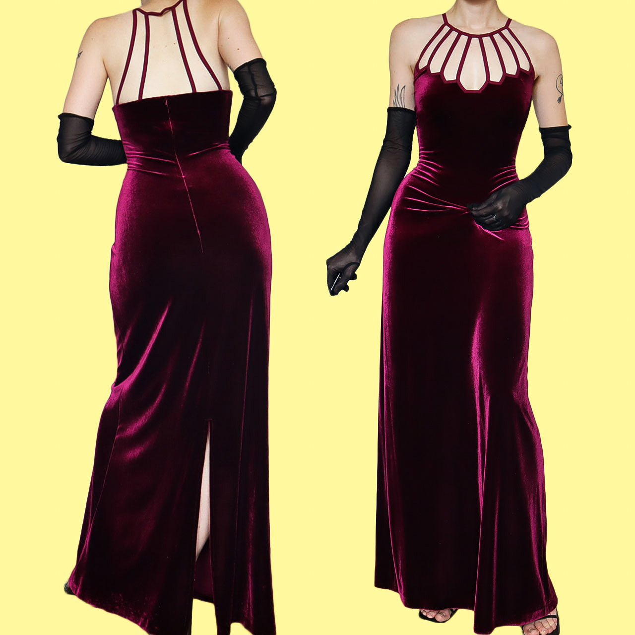 Gina Bacconi burgundy velvet stretch evening gown UK 14