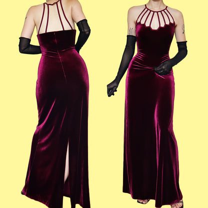 Gina Bacconi burgundy velvet stretch evening gown UK 14