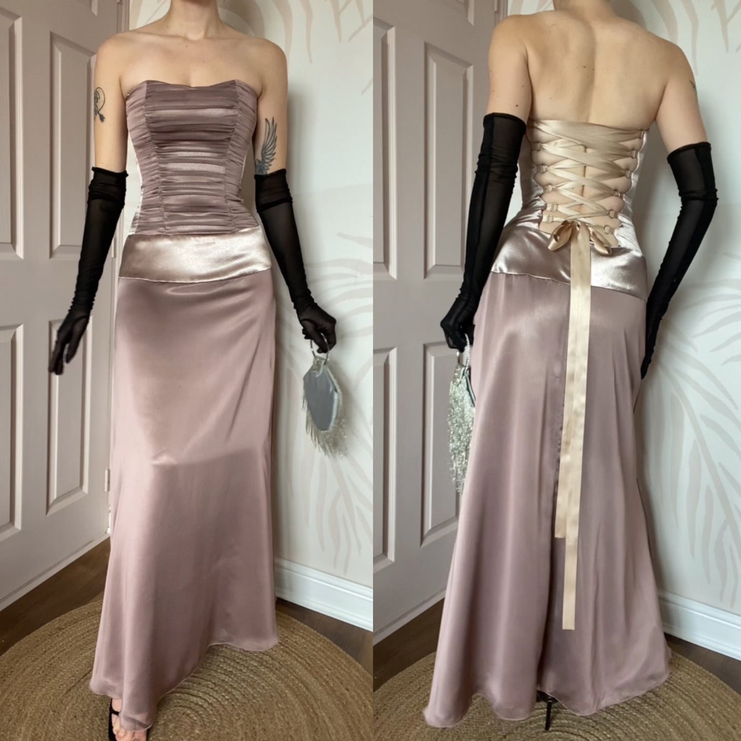 Taupe Charas strapless lace up evening dress UK 8-10