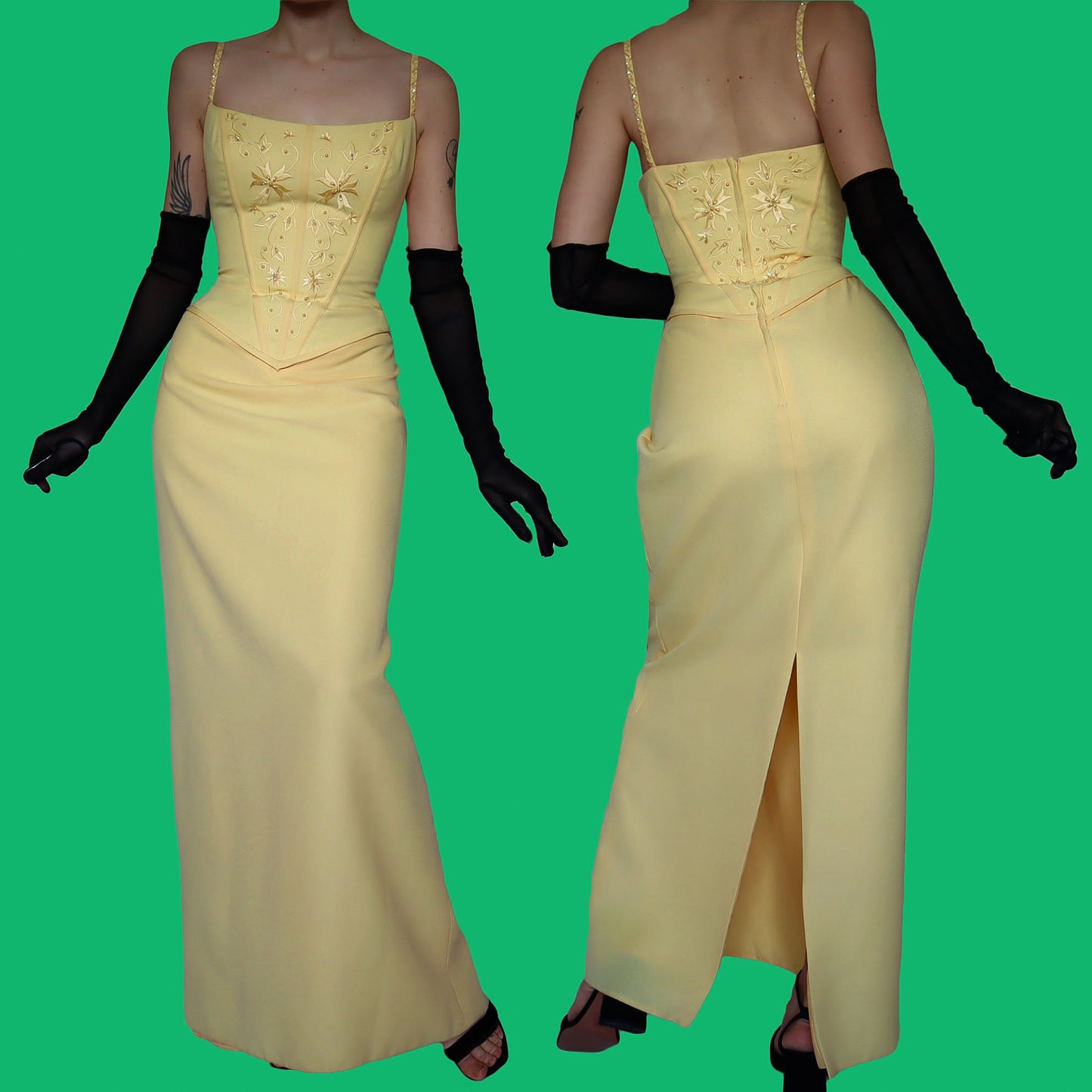 Hilary Morgan vintage yellow evening dress UK 14-16