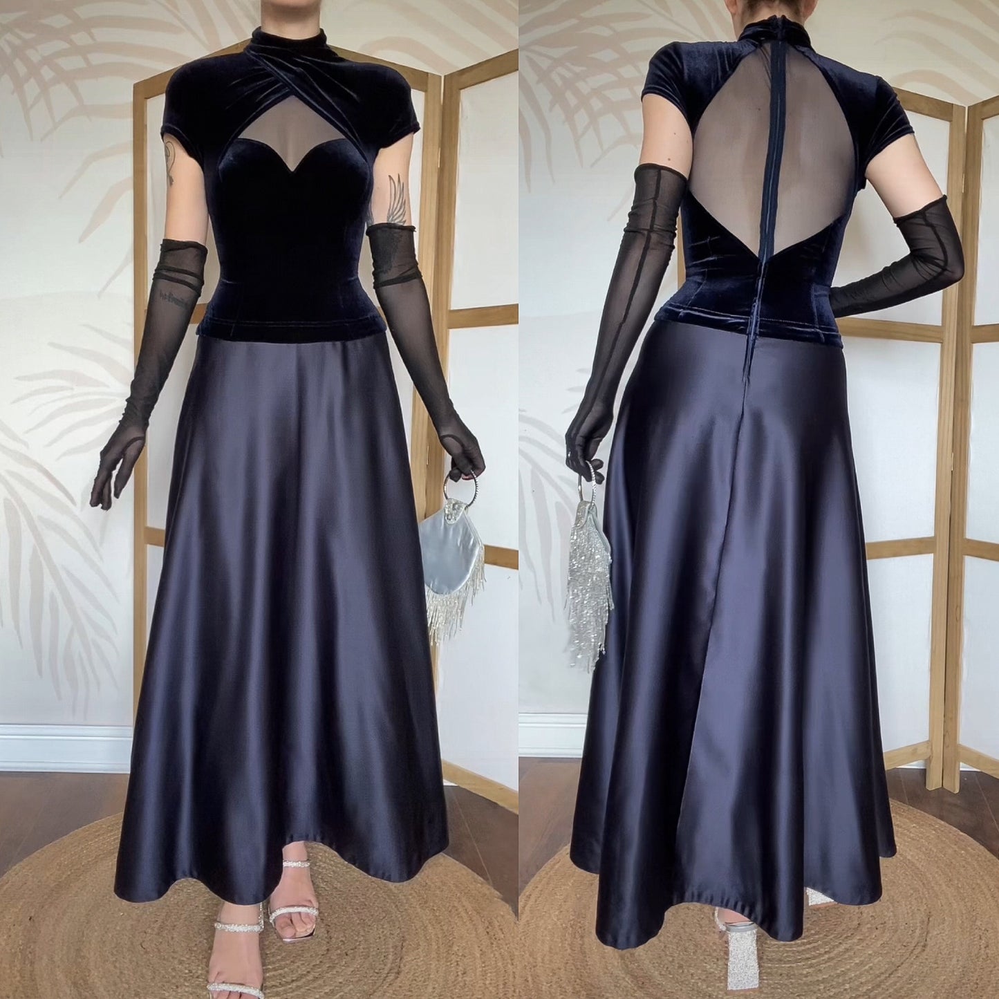 Tadashi navy high neck a-line evening dress uk 10