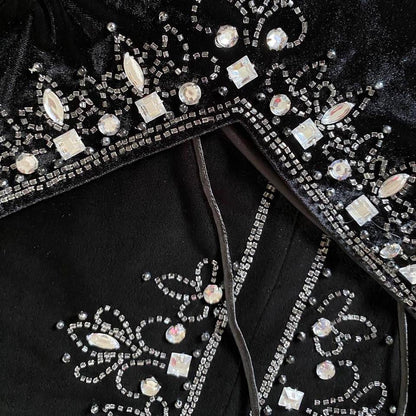 Black Flori Vintage 90s Velvet Beaded Gem Evening Gown Prom Dress UK Size 14-16