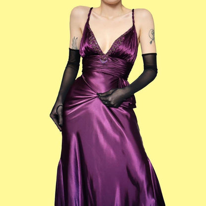 Purple silky satin evening dress UK 10