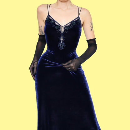 Navy vintage Medici velvet beaded evening dress UK 12