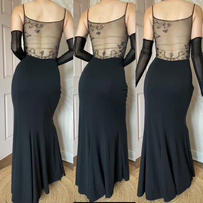 Black beaded 90s vintage sheer back evening dress UK 14