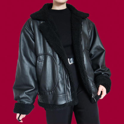 Black faux leather aviator coat UK M