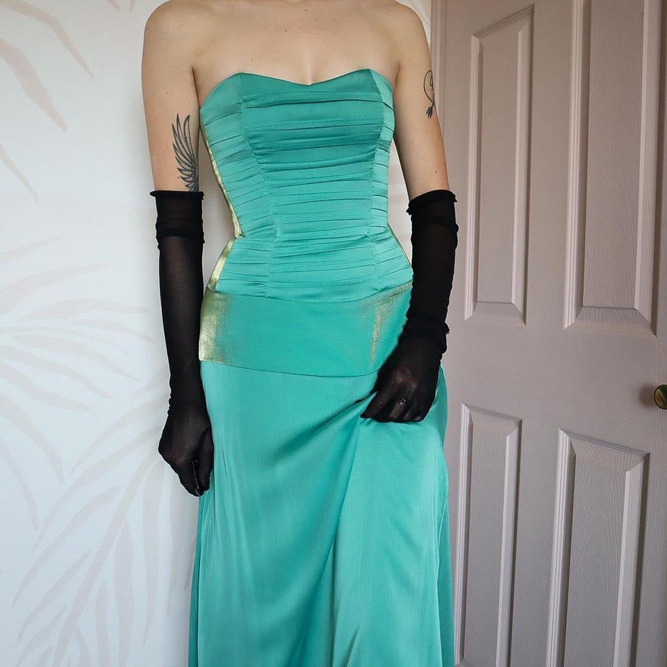 Teal strapless lace up evening gown UK 10