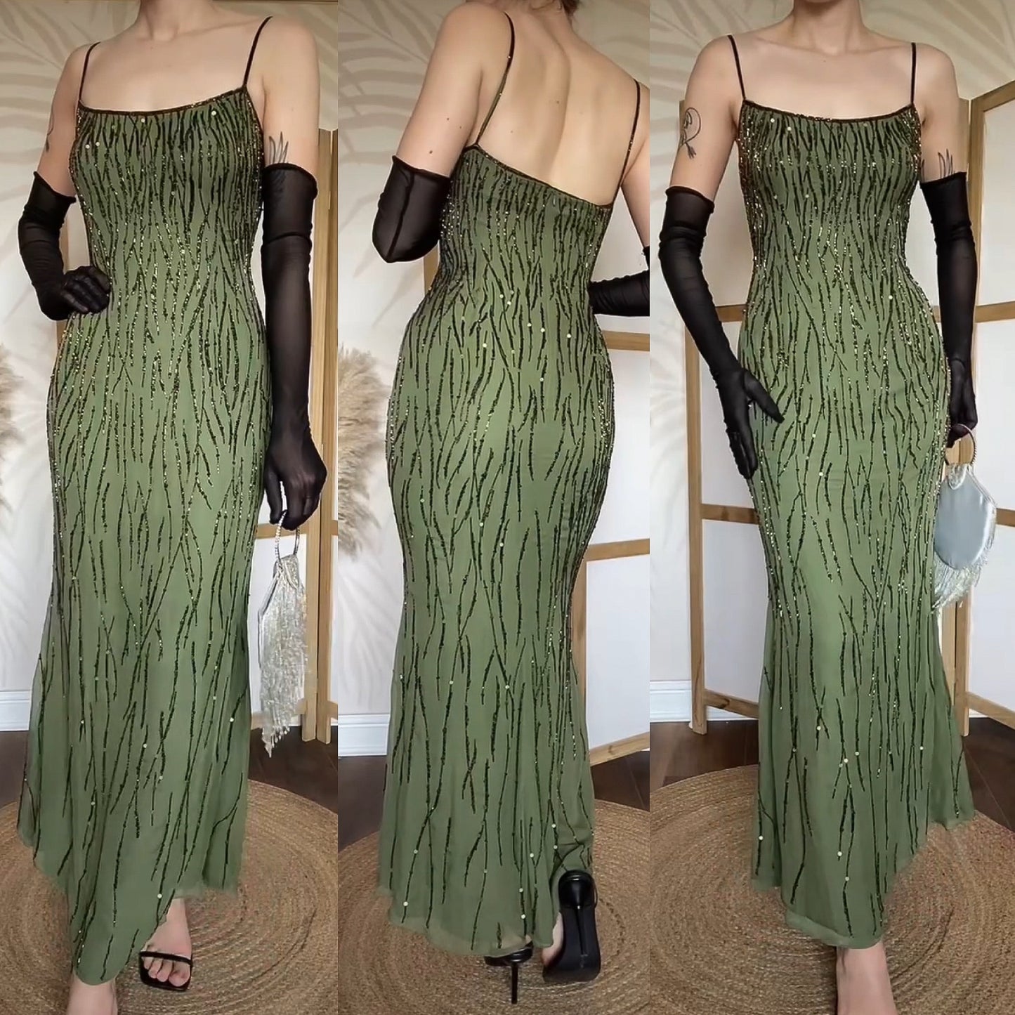 Green pure silk beaded evening dress uk 12