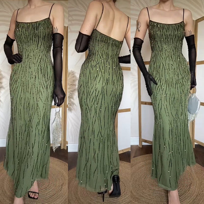 Green pure silk beaded evening dress uk 12