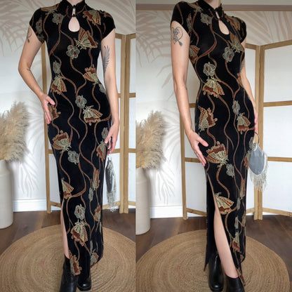 Black stretch butterfly print evening dress uk 12