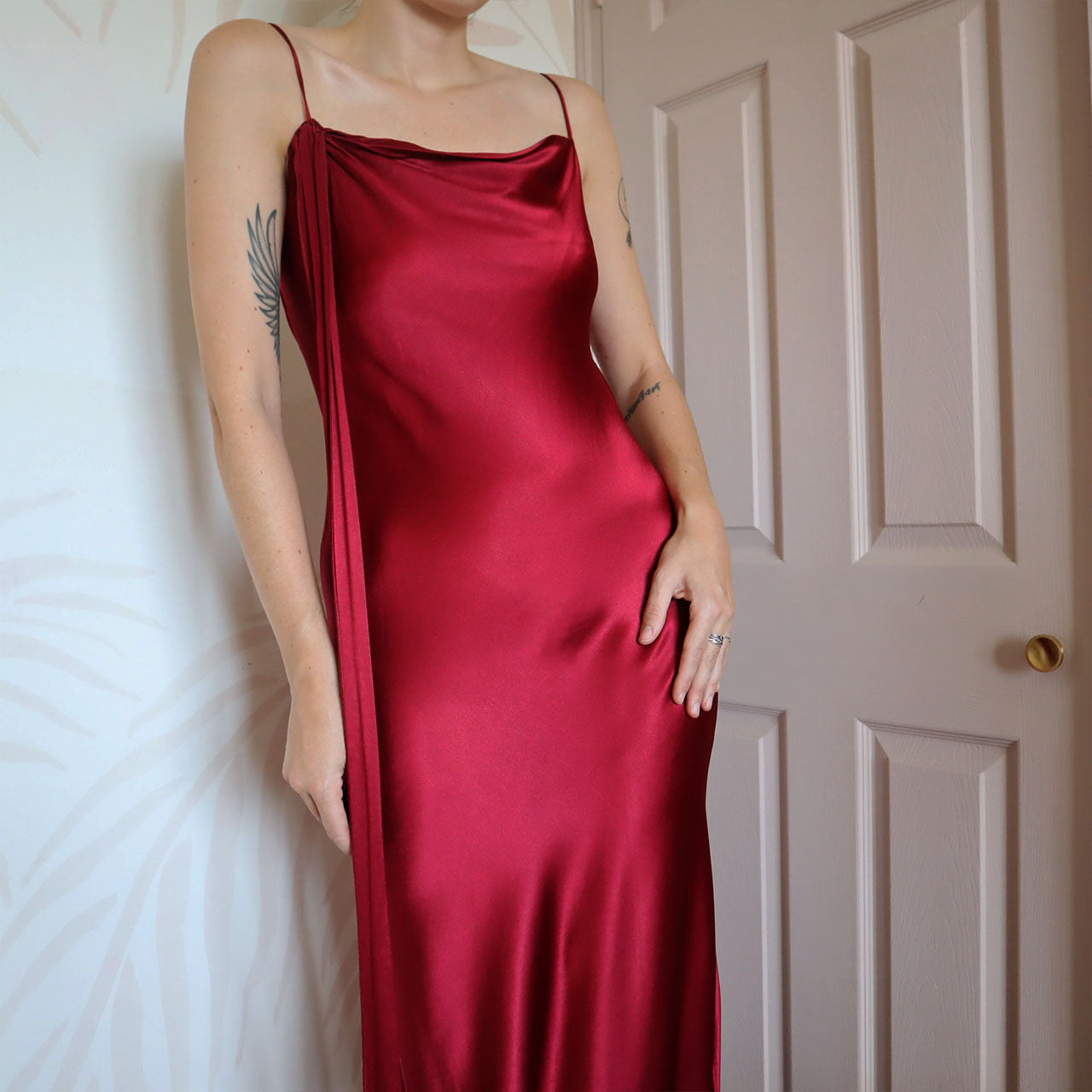 Red silky slip dress with draped back UK 12
