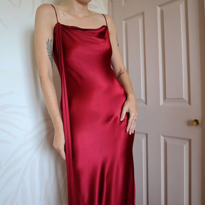 Red silky slip dress with draped back UK 12