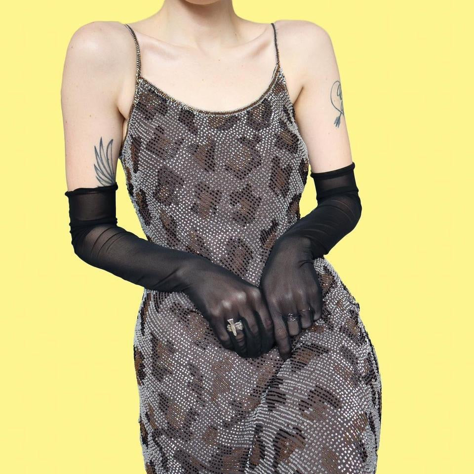 Grey silk leopard beaded evening dress UK 14