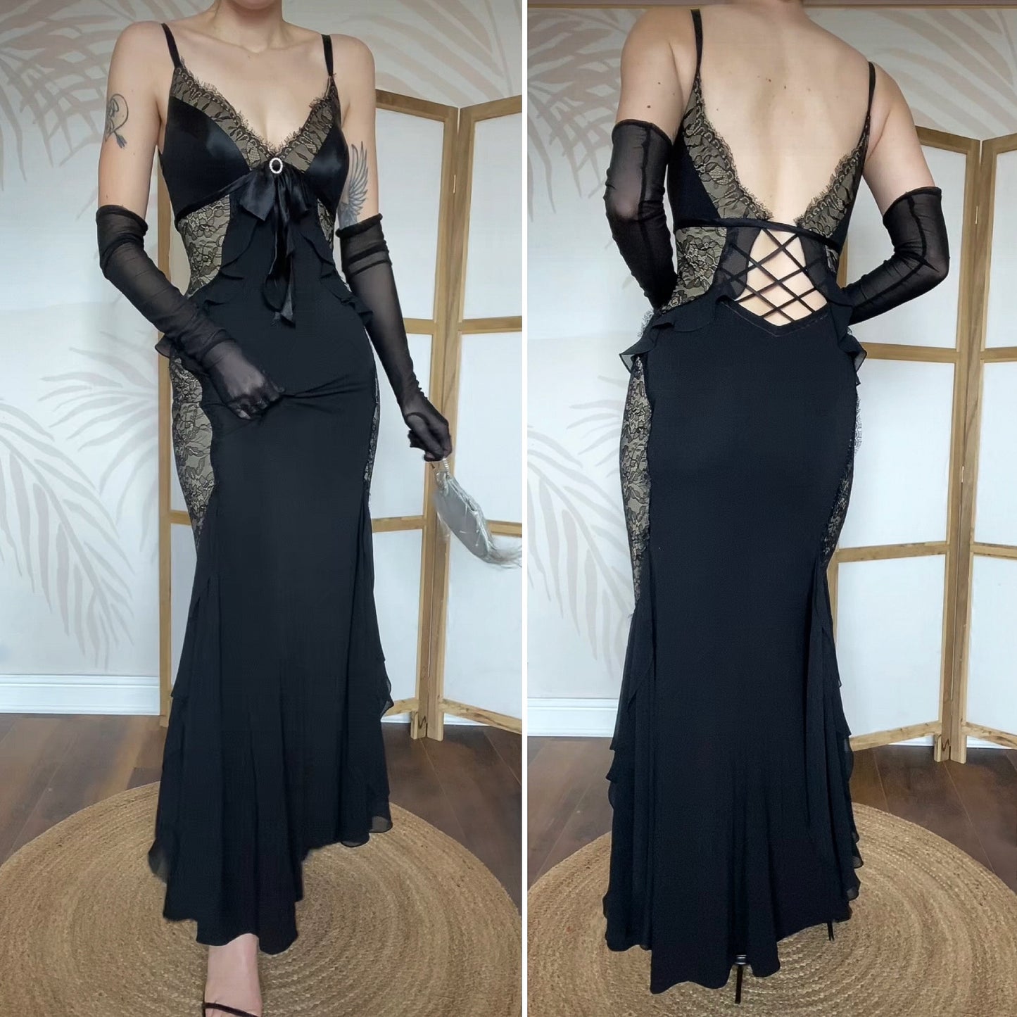 Dusk black stretch lace evening dress UK 12