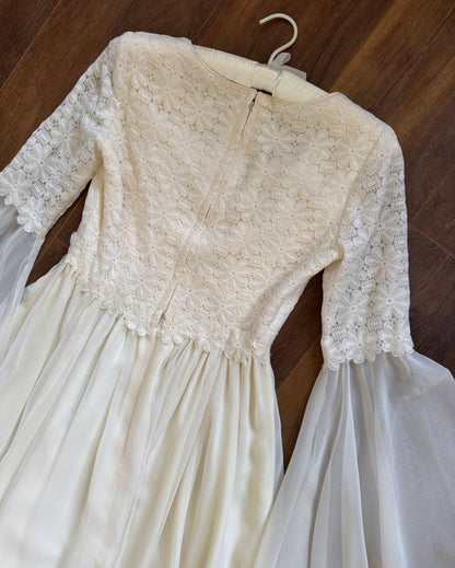 70s long sleeve floral lace wedding dress uk 8-10