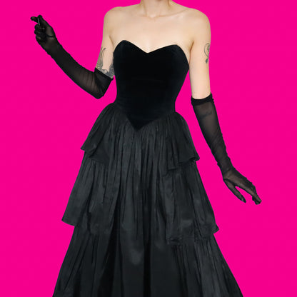 Black strapless velvet evening dress UK 10