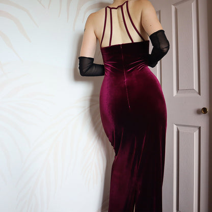 Gina Bacconi burgundy velvet stretch evening gown UK 14