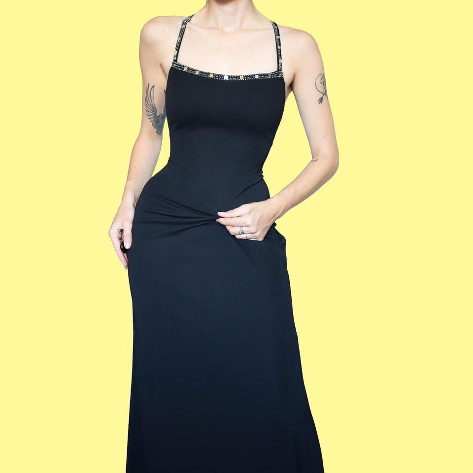 Black Dave & Johnny 90s beaded back evening dress size UK 16 & UK 18