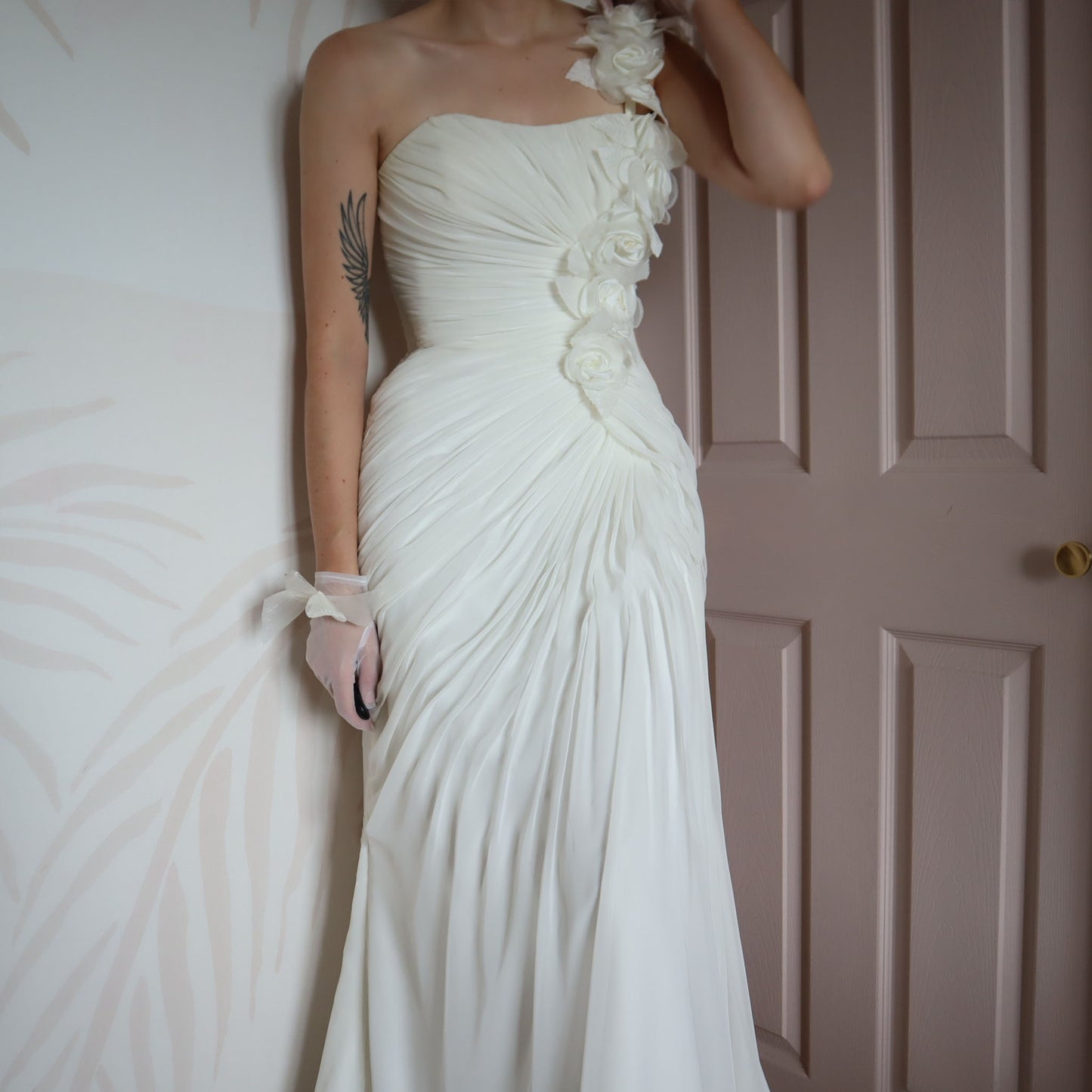 White gathered one shoulder wedding gown UK 10