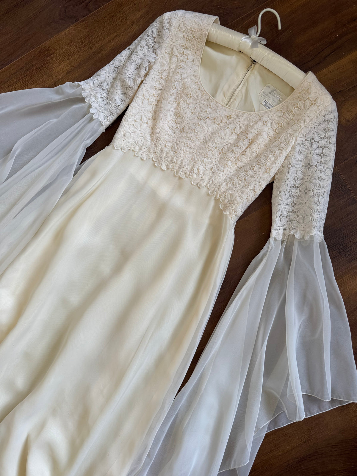 70s long sleeve floral lace wedding dress uk 8-10