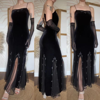 Black velvet stretch 90s flared hem evening dress uk 10/12