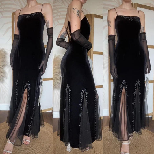 Black velvet stretch 90s flared hem evening dress uk 10/12