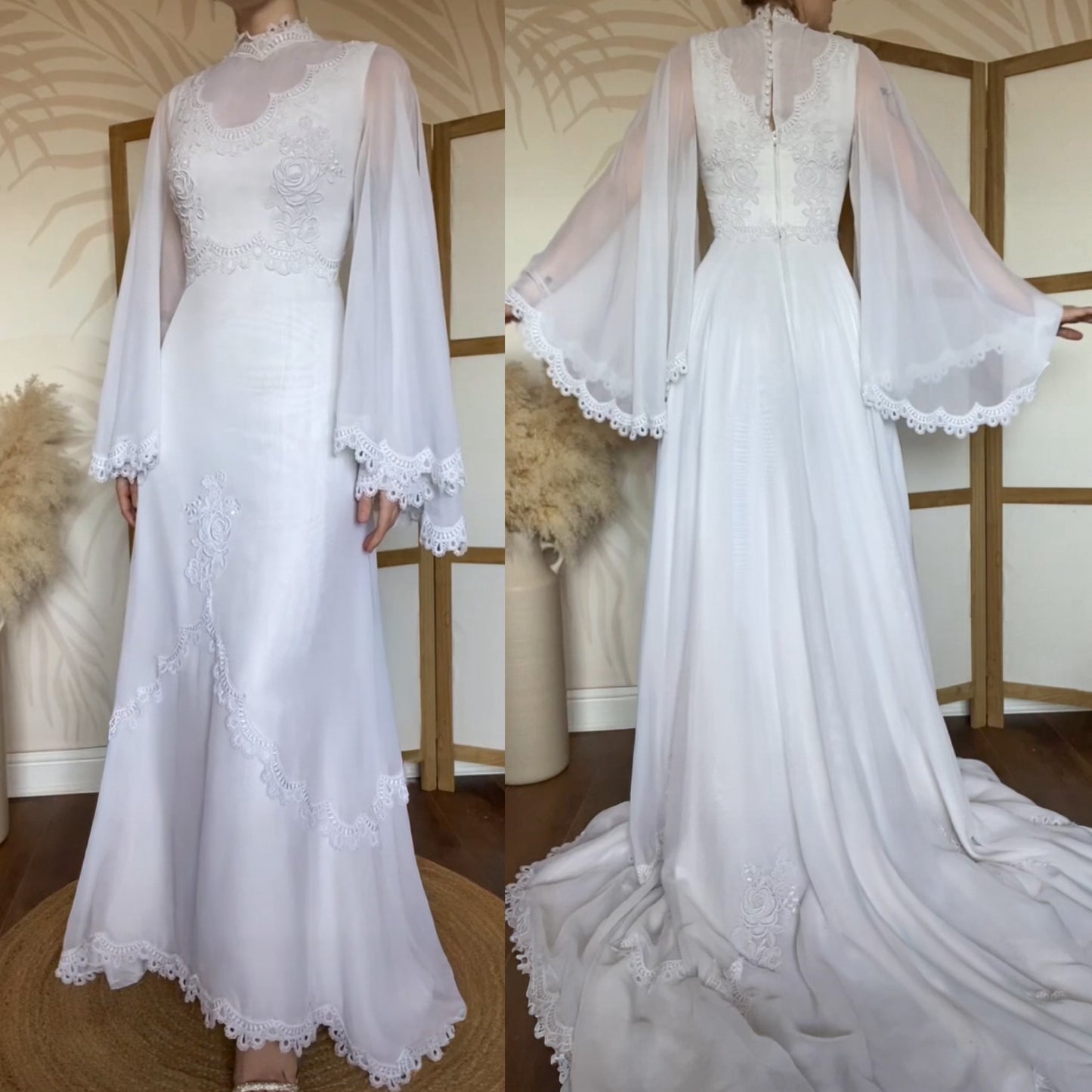 White 70s lace flared sleeve wedding dress uk 10-12