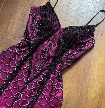 Pink 100% silk bead & sequin mermaid evening dress uk 10