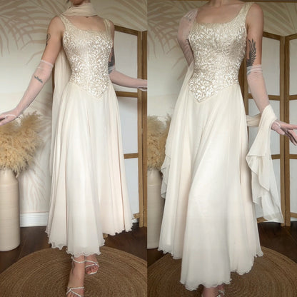 Ivory floaty vintage wedding dress and shawl uk 10
