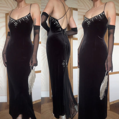 Black velvet stretch 90s evening dress uk 12