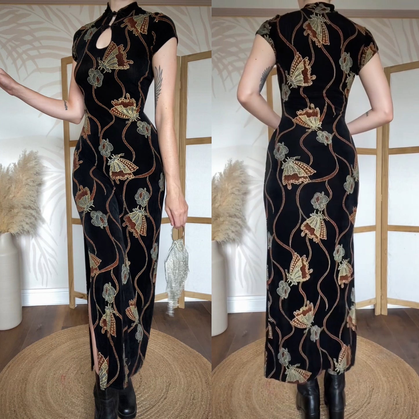 Black stretch butterfly print evening dress uk 12