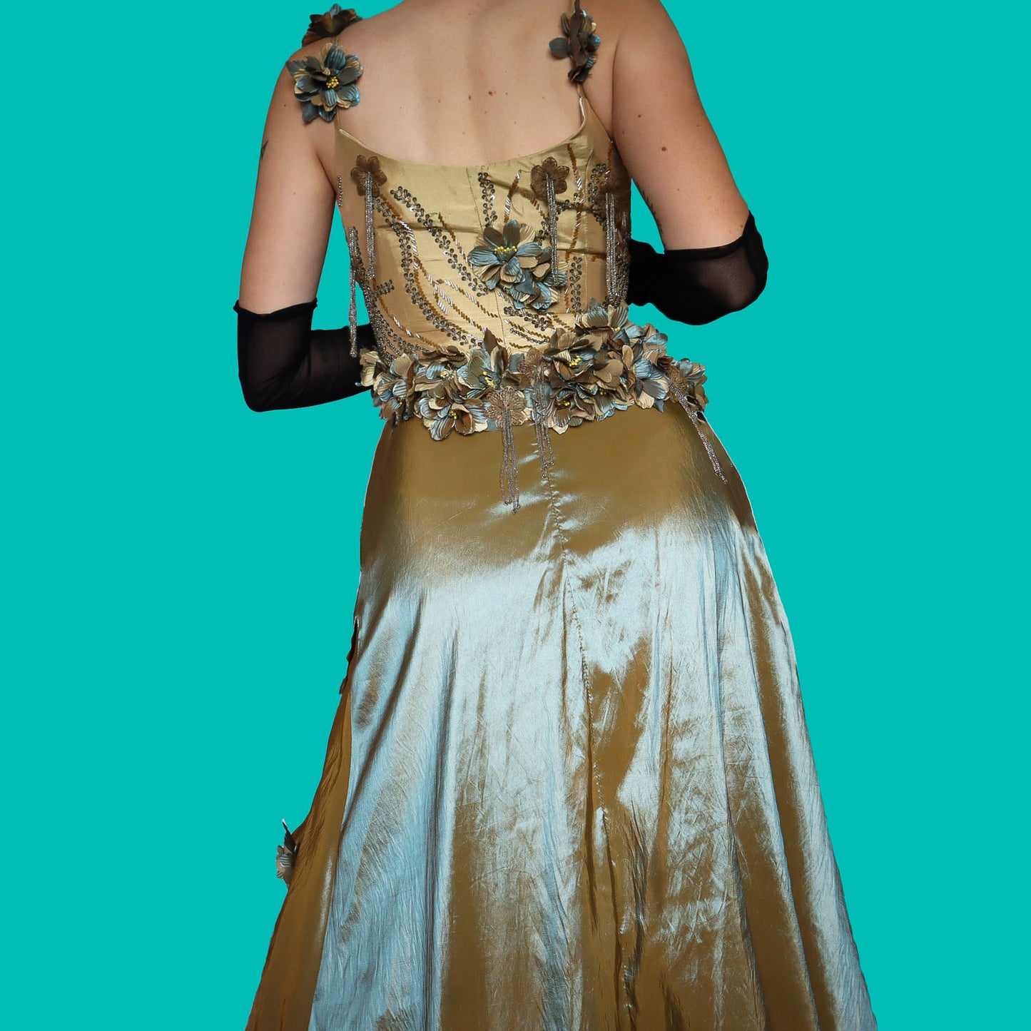 Golden tan 2 piece floral evening set UK 12