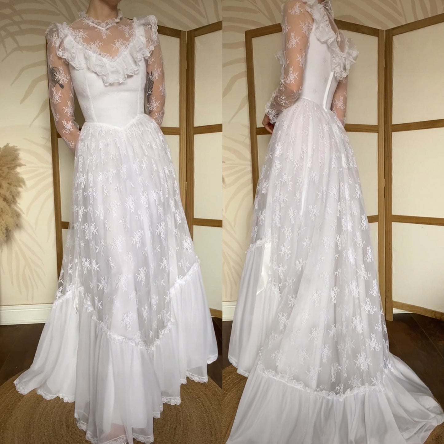 White lace long sleeve 70s wedding dress uk 10