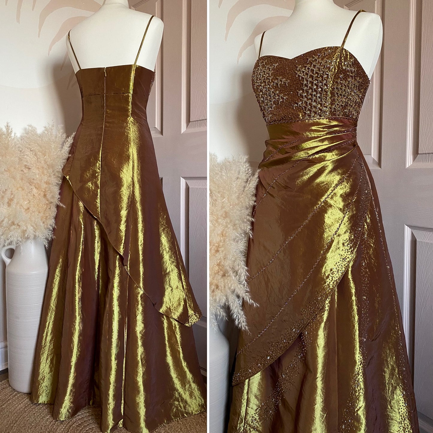 Golden petite taffeta beaded prom dress uk 12