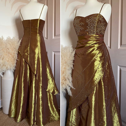 Golden petite taffeta beaded prom dress uk 12