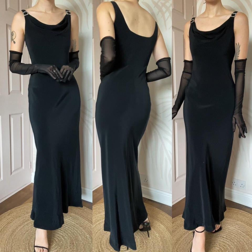 Chic black evening dress with diamanté straps UK 8-10