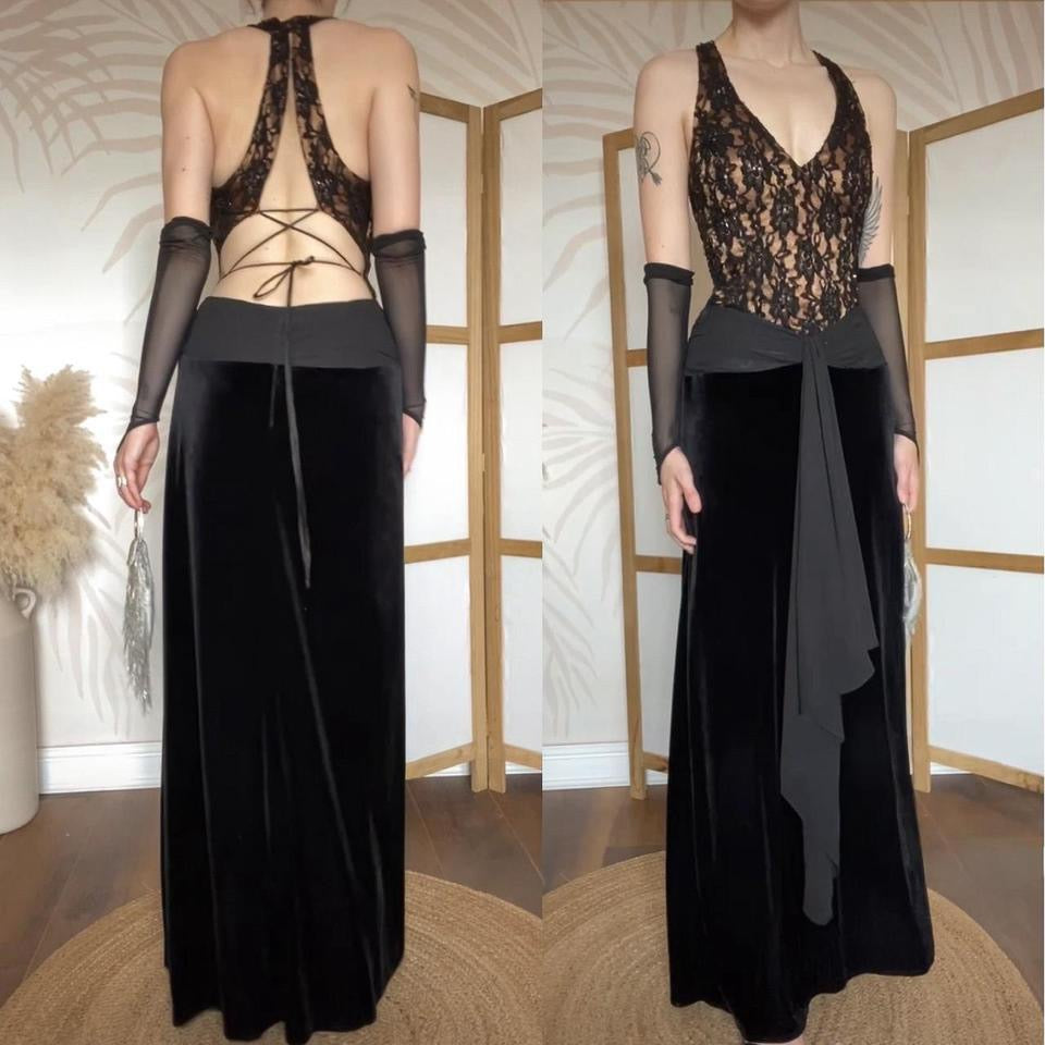 Dave & Johnny black lace & velvet evening dress uk 12
