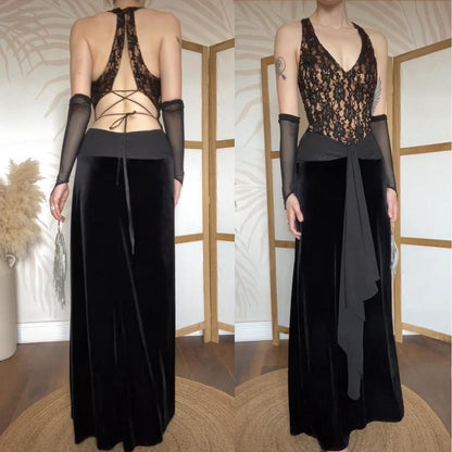Dave & Johnny black lace & velvet evening dress uk 12