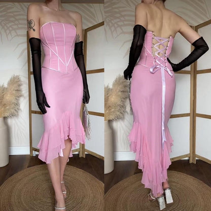 Baby pink silk strapless corset evening dress uk 8