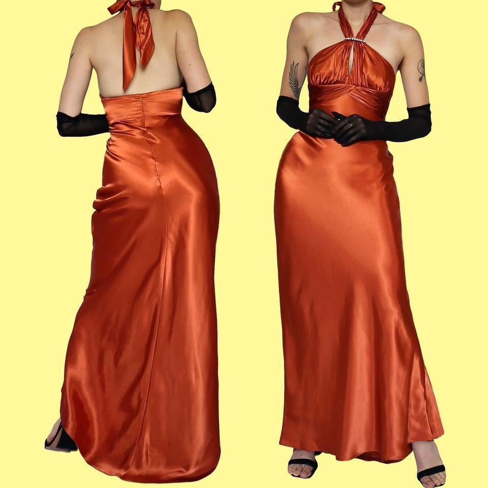 Orange satin halter neck evening dress UK 6/8