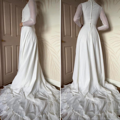 White vintage long sleeve 70s wedding dress UK 4/6