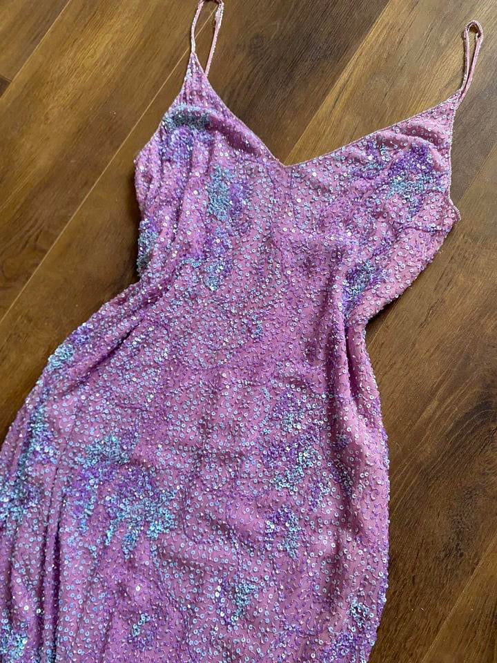 Purple 100% silk beaded/sequin evening dress uk 10-12