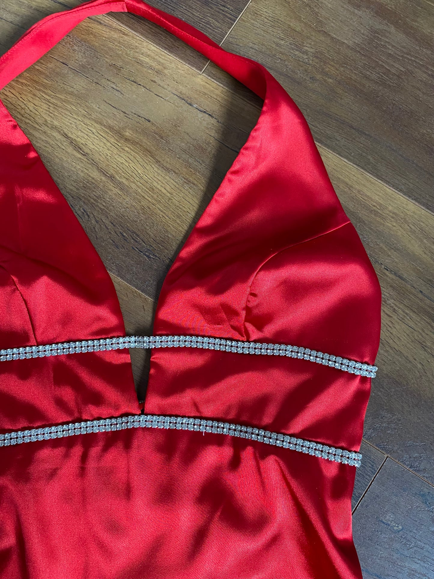 Red halter-neck diamanté evening gown UK 10-12